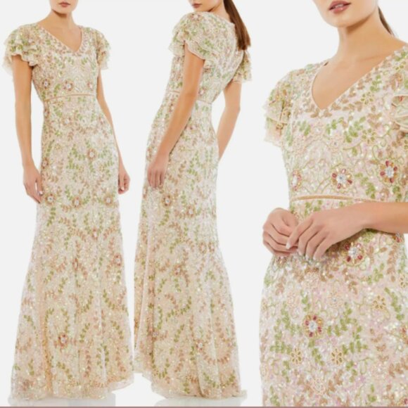 MAC DUGGAL 10772 EMBELLISHED RUFFLE CAP SLEEVE V-NECK NUDE MULTI GOWN sz 10 - Picture 1 of 6